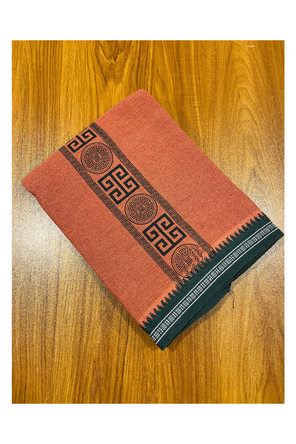 Southloom Saffron (Kaavi) Black Printed Single Mundu / Lungi (South Indian Kerala Dhoti)