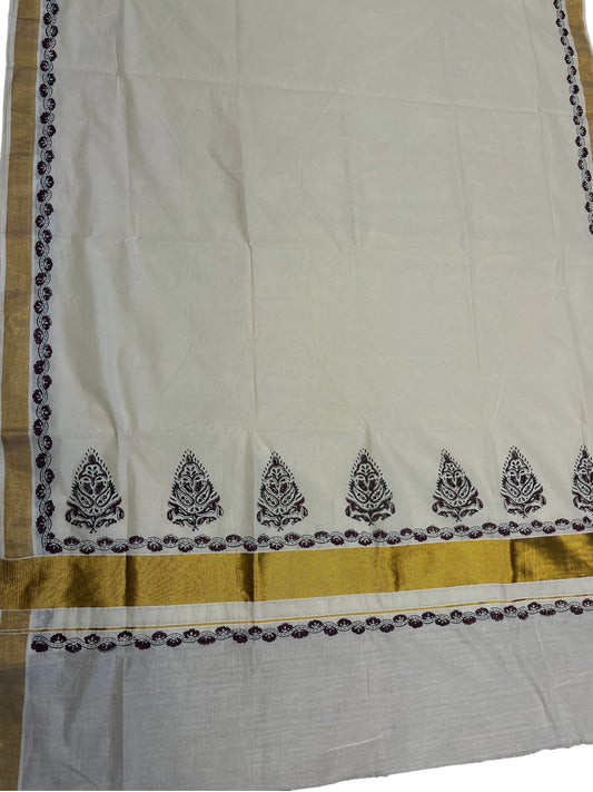 Southloom Cotton Kerala Kasavu Saree with Purpule and Green Block Prints On Border