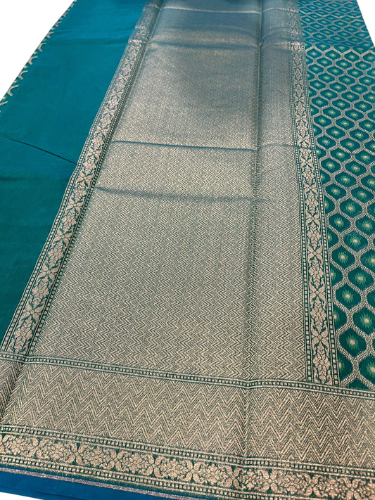 Southloom Cotton Banarasi Silk Saree with Woven Work on Body and Borders (Blue & Green)