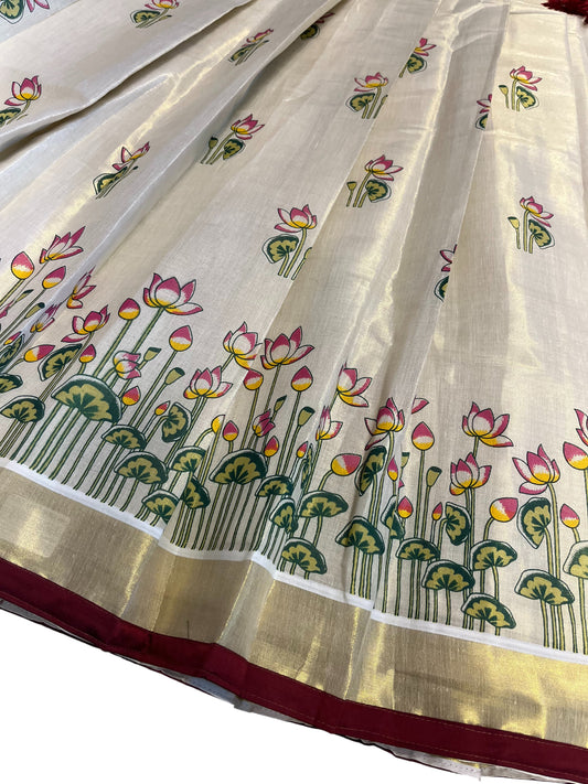 Southloom Semi Stitched Tissue Printed Dhavani Set with Pavada and Maroon Blouse Piece