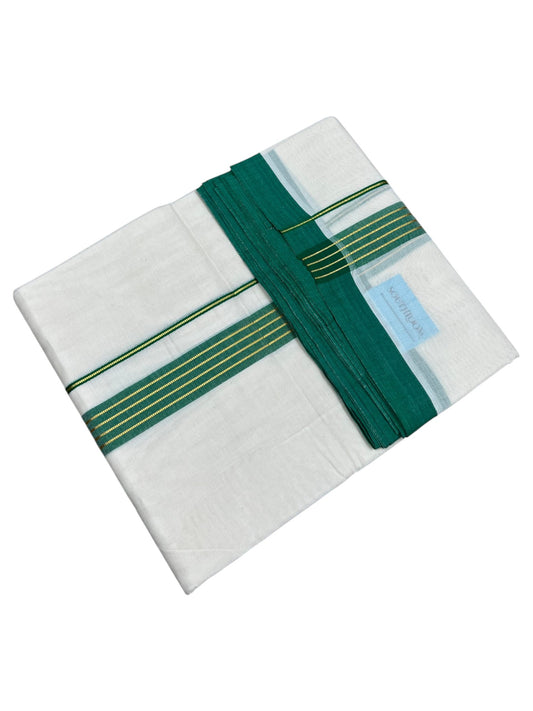 Southloom Pure Cotton Mundu with Gold Lines and Green Border (South Indian Kerala Dhoti)