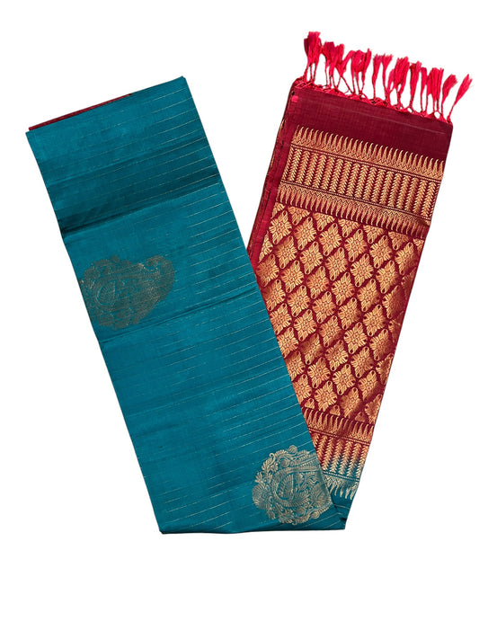 Southloom Pure Handloom Bridal Kanchipuram Silk Saree with Korvai Work (Maroon & Blue)