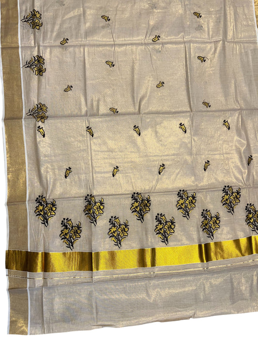 Southloom Tissue Kerala Kasavu Saree with Black & Golden Embroidery Works
