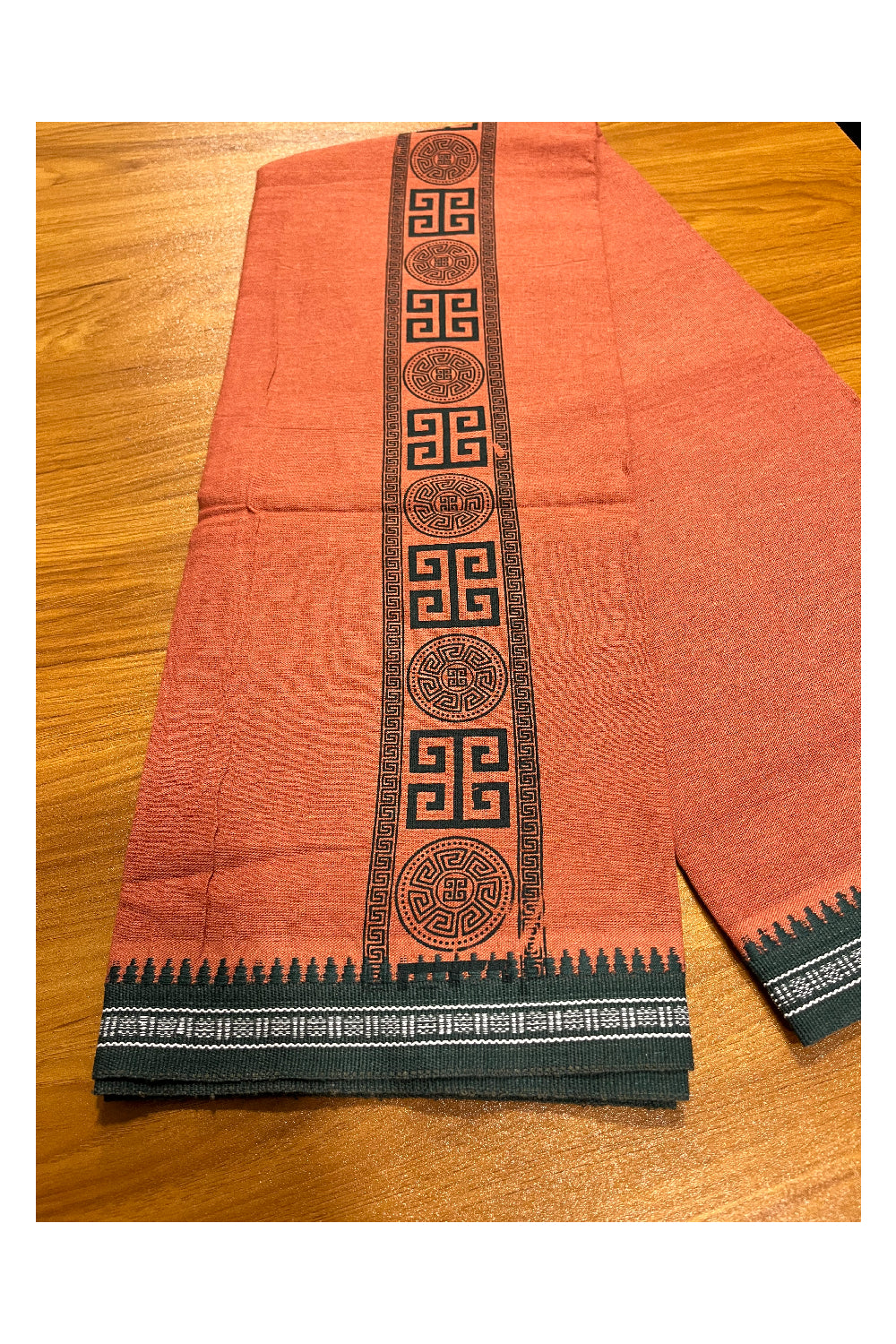 Southloom Saffron (Kaavi) Black Printed Single Mundu / Lungi (South Indian Kerala Dhoti)