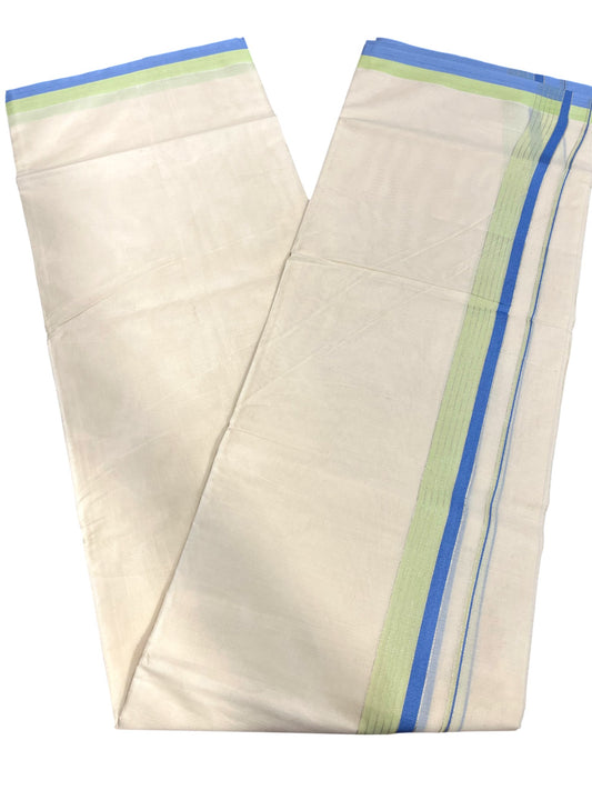 Southloom Kerala Pure Cotton Double Mundu with Green & Blue Border (South Indian Dhoti)