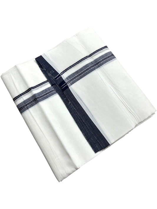 Southloom Pure White Cotton Mundu with Blue & Silver Line Border (South Indian Kerala Dhoti)
