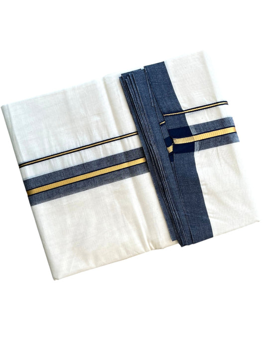 Southloom Pure Cotton Mundu with Golden Lines and Blue Border (South Indian Kerala Dhoti)