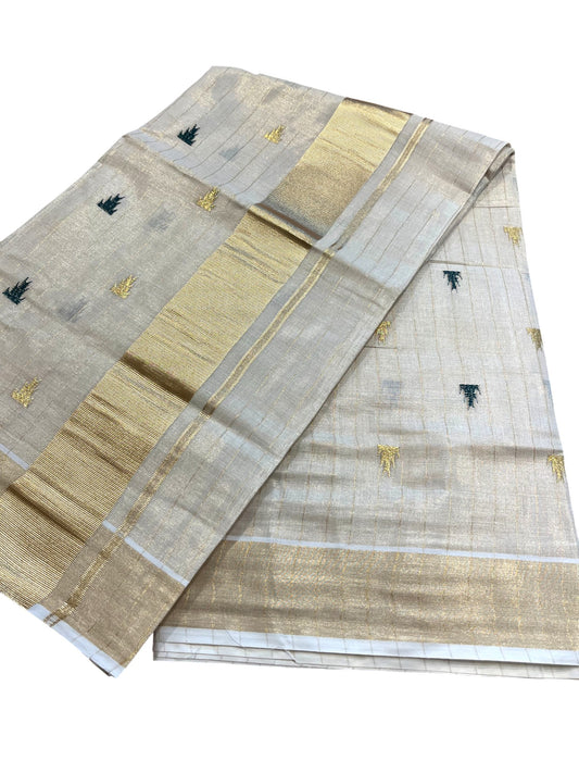 Southloom Kerala Tissue Kasavu Stripes Saree With Green Temple Embroidery on Body