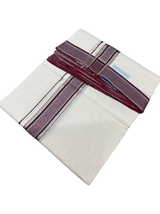 Southloom Balaramapuram Unakkupaavu Premium Handloom Cotton Double Mundu with Silver Kasavu and Maroon Border
