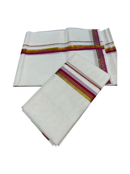 Pure Cotton Kerala Single Set Mundu (Mundum Neriyathum) with Magenta Kasavu Border