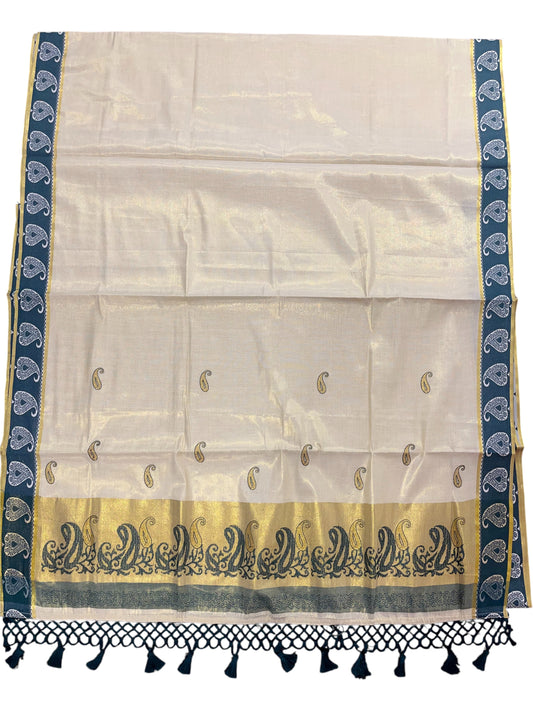 Southloom Kerala Tissue Kasavu Plain Saree with Green Floral Embroidery Works and Tassels