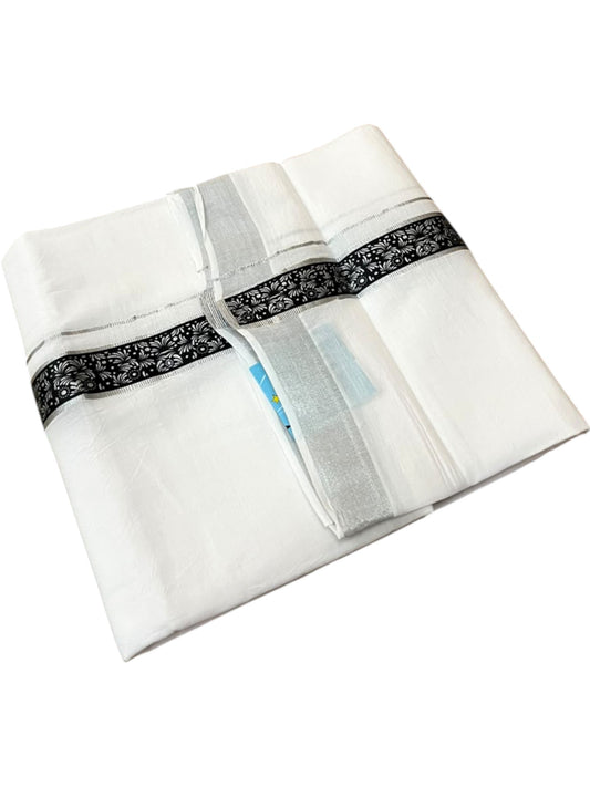 Southloom Pure White Cotton Mundu with Black and Silver Kasavu Border (South Indian Kerala Dhoti)