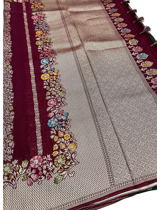 Southloom Banarasi Silk Saree with Woven Work on Body and Borders (Green & Purple)