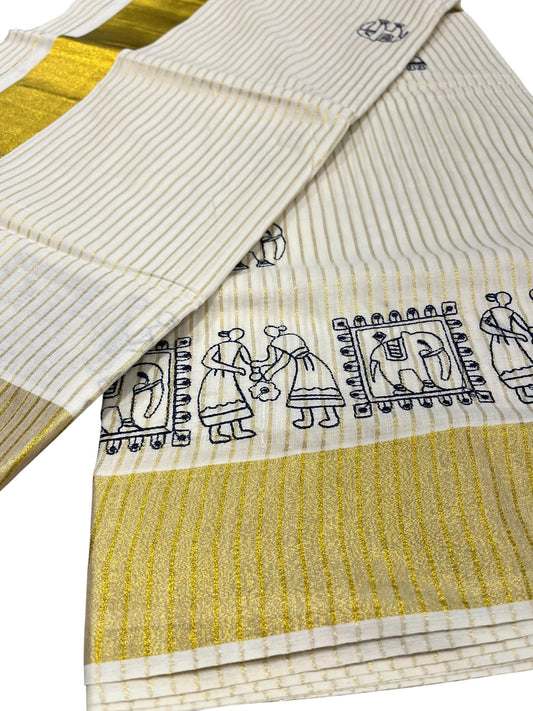 Kerala Cotton Kasavu Saree With Mural Festival Parasol Stripes and Black Elephant Design And Embroidery Work