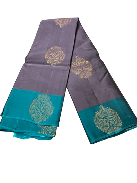 Southloom Pure Handloom Kanchipuram Silk Saree with Butta Work (Grey & Blue)