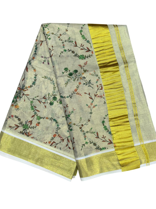 Southloom Tissue Kalamkari Print Kerala Kasavu Saree in Green