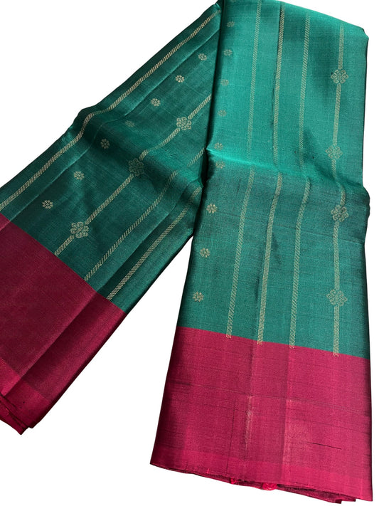 Southloom Pure Handloom Kanchipuram Silk Saree with Butta Work (Green & Magenta)