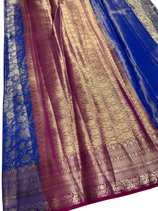 Southloom Semi Banarasi Katan Tissue Saree with Woven Work on Body and Borders (Magenta & Blue)