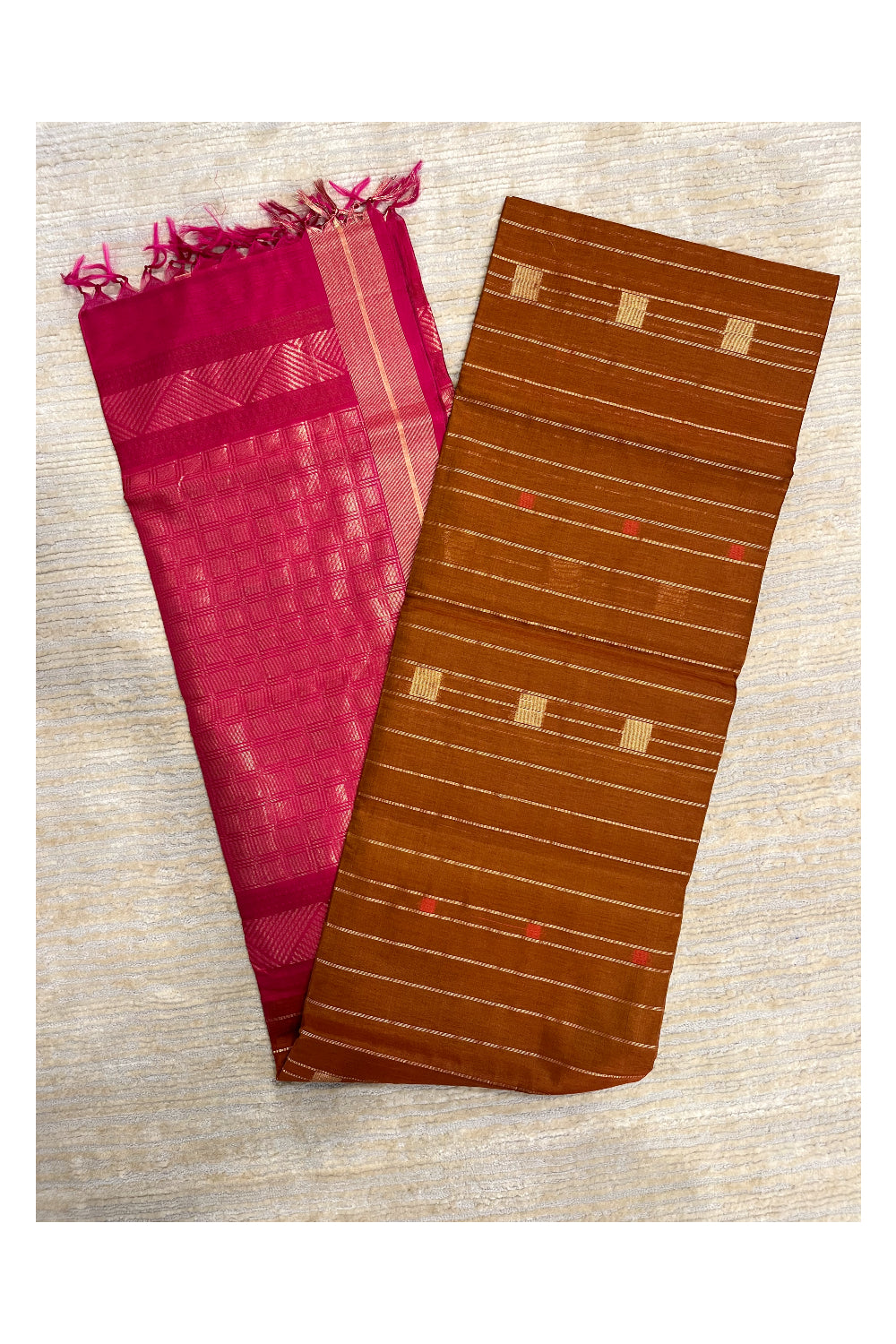Southloom Pure Handloom Cotton Silk Saree With Handwoven Work Across Body and Blouse in Brown And Pink
