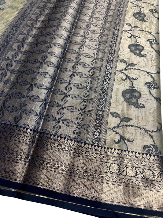 Southloom Tissue Silk Saree with Woven Work on Body and Borders (Grey & Blue)