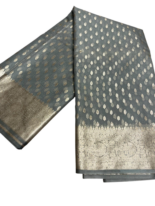 Southloom Cotton Banarasi Silk Saree with Woven Work on Body and Borders (Grey)