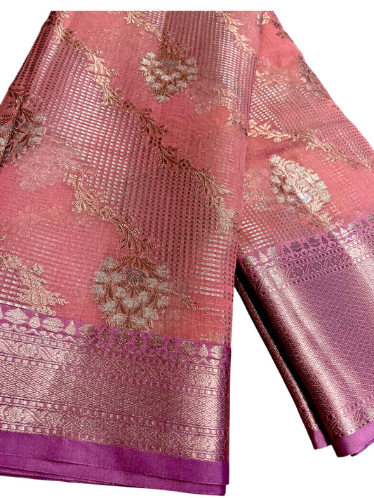 Southloom Tissue Banarasi Silk Saree with Woven Work on Body and Borders (Peach)