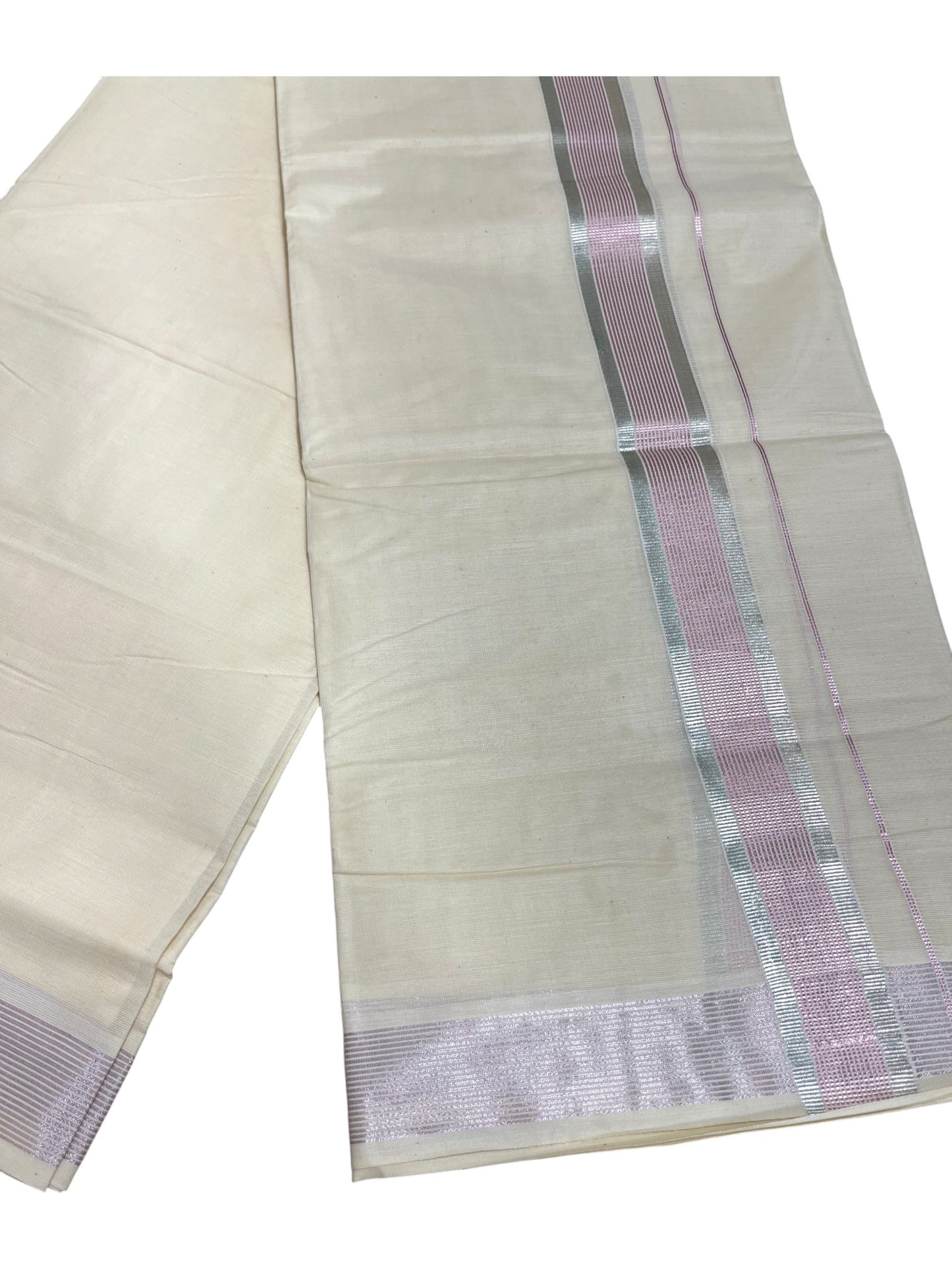 Kerala Cotton Double Mundu with Silver And Rose Copper Border (South Indian Dhoti)