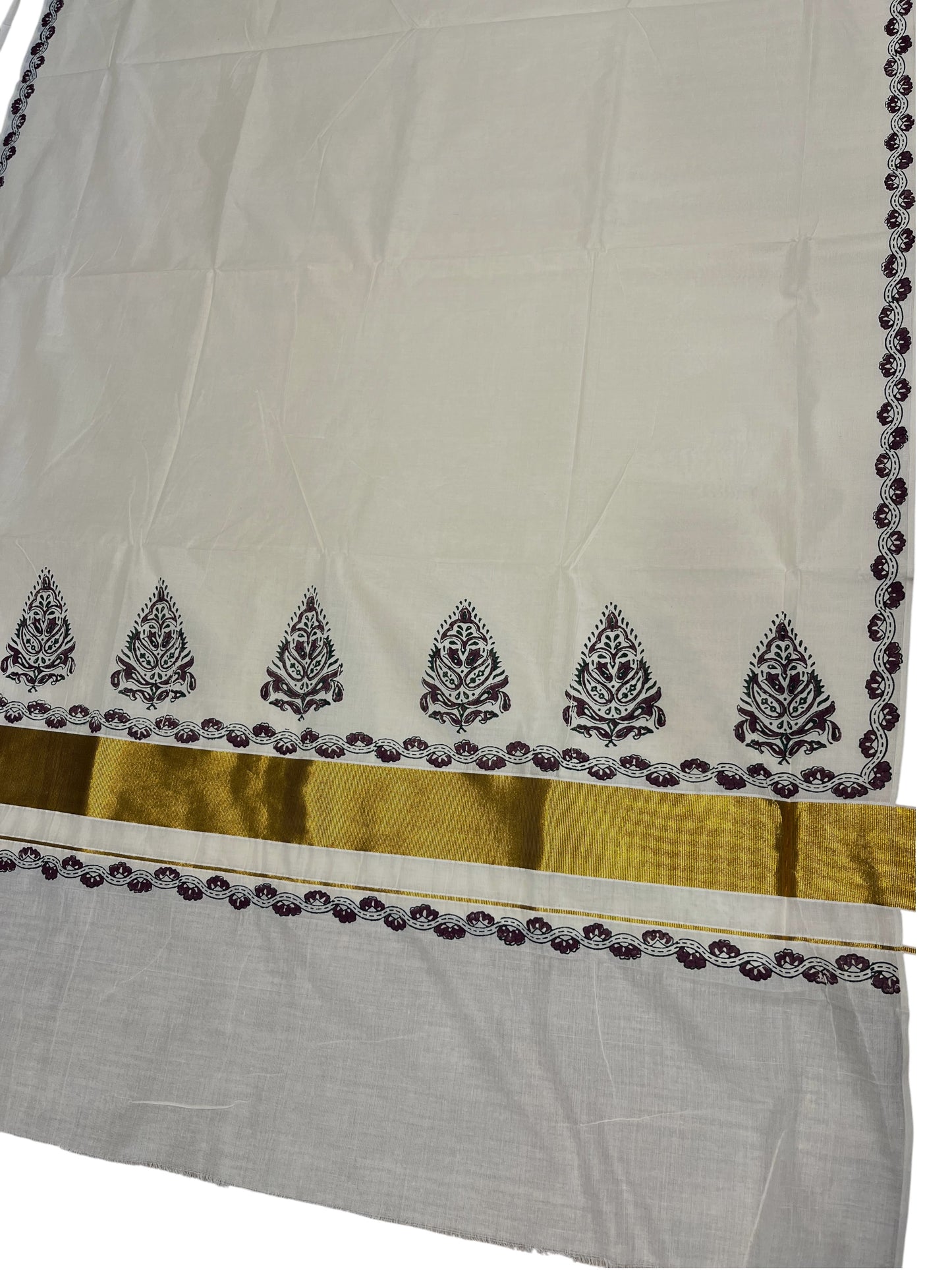 Southloom Cotton Kerala Kasavu Saree with Purpule and Green Block Prints On Border