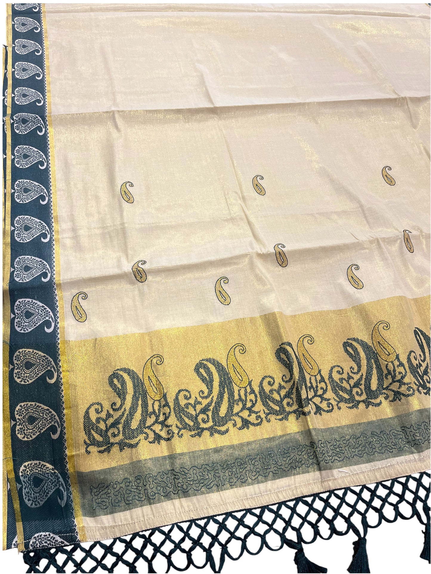 Southloom Kerala Tissue Kasavu Plain Saree with Green Floral Embroidery Works and Tassels