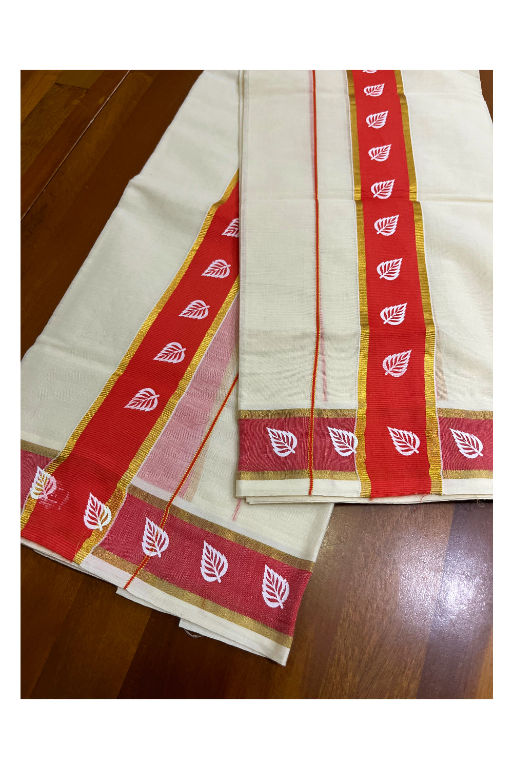 Kerala Cotton Single Set Mundu (Mundum Neriyathum) with Leaf Block Prints on Red and Kasavu Border - 2.60Mtrs
