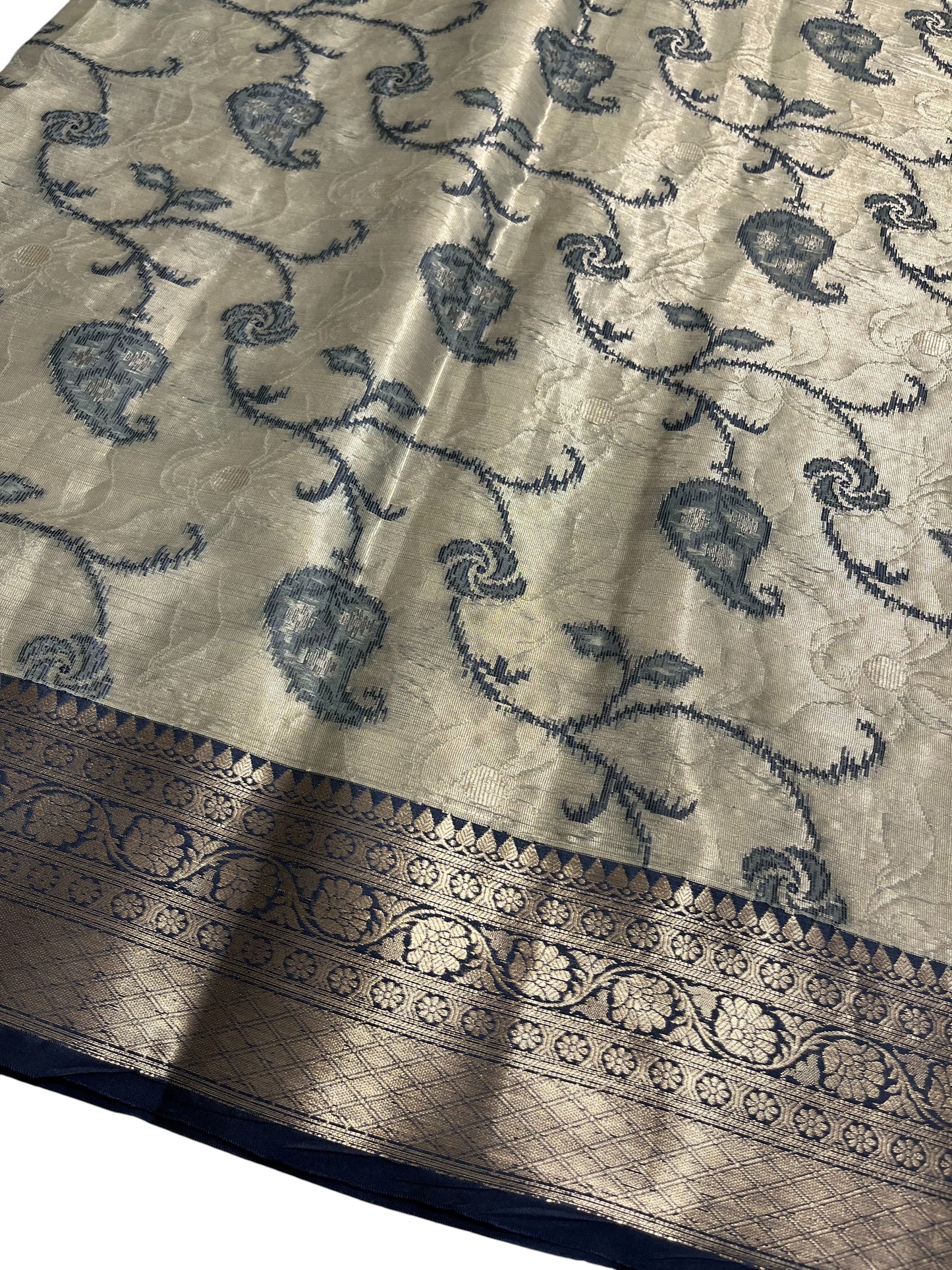 Southloom Tissue Silk Saree with Woven Work on Body and Borders (Grey & Blue)