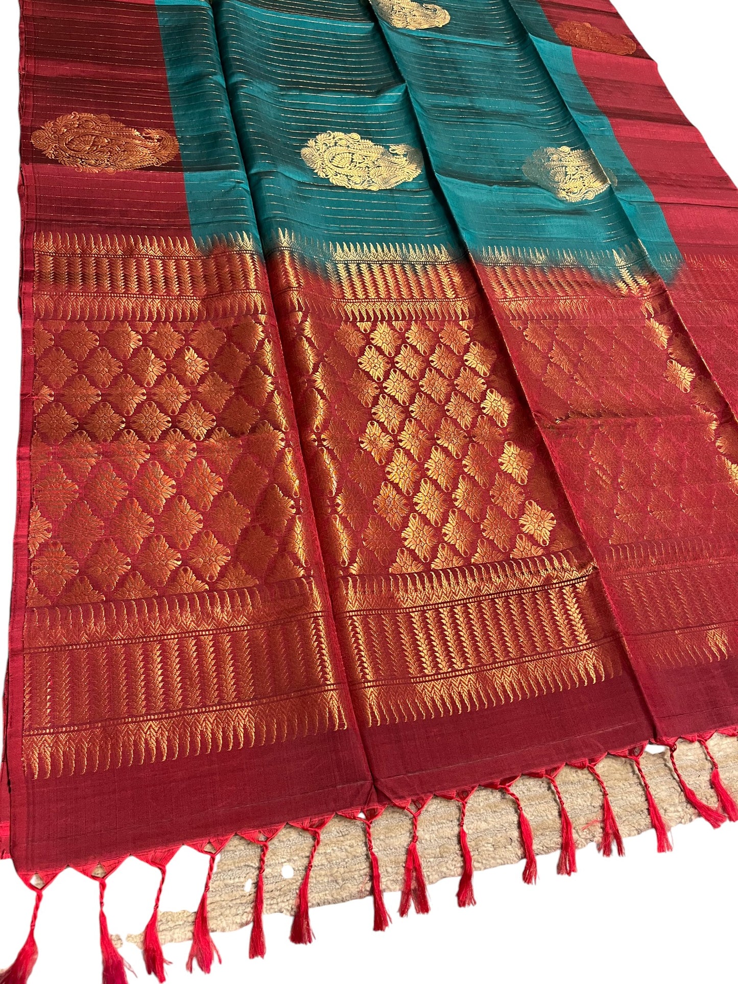 Southloom Pure Handloom Bridal Kanchipuram Silk Saree with Korvai Work (Maroon & Blue)