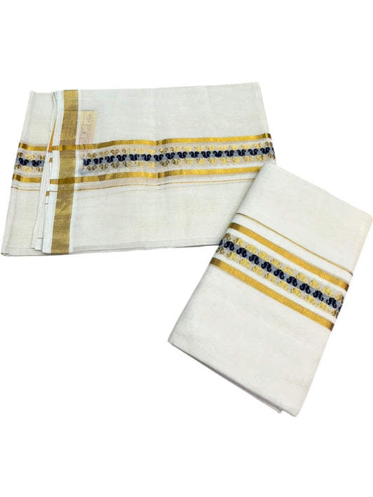 Southloom Premium Cotton Handloom Set Mundu With Blue Woven Dots Design And Golde Kasavu Border (2.80 Mtr) SL632