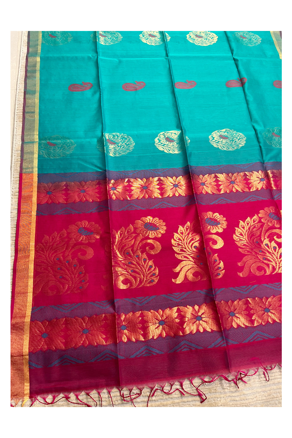 Southloom Pure Handloom Cotton Silk Saree With Handwoven Work Across Body and Blouse in Green And Pink