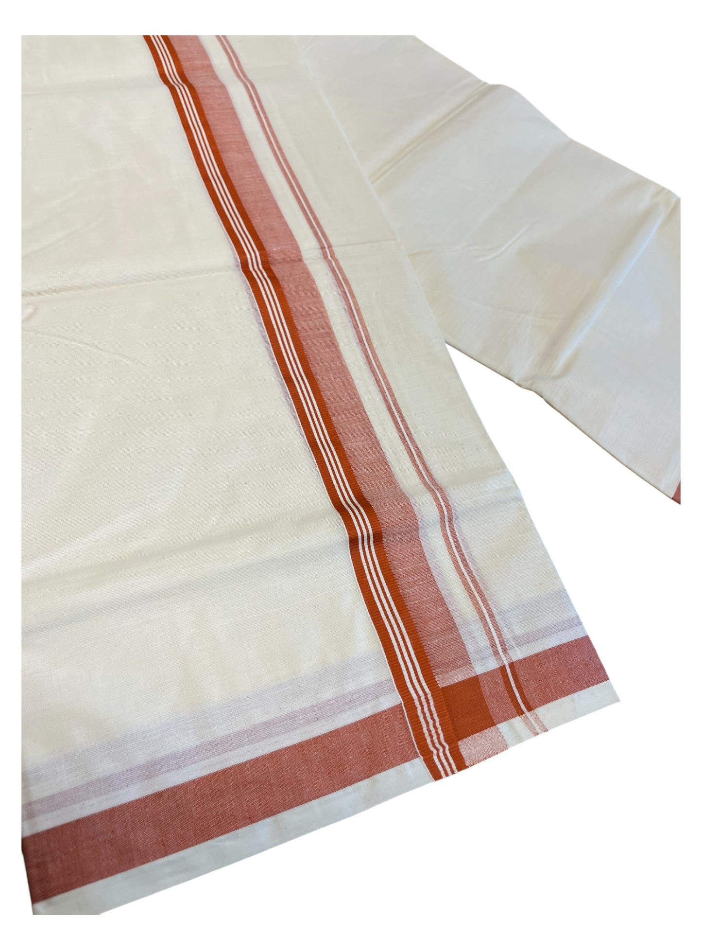 Southloom Pure Cotton Double Mundu With White Lines & Brown Border (South Indian Kerala Dhoti)