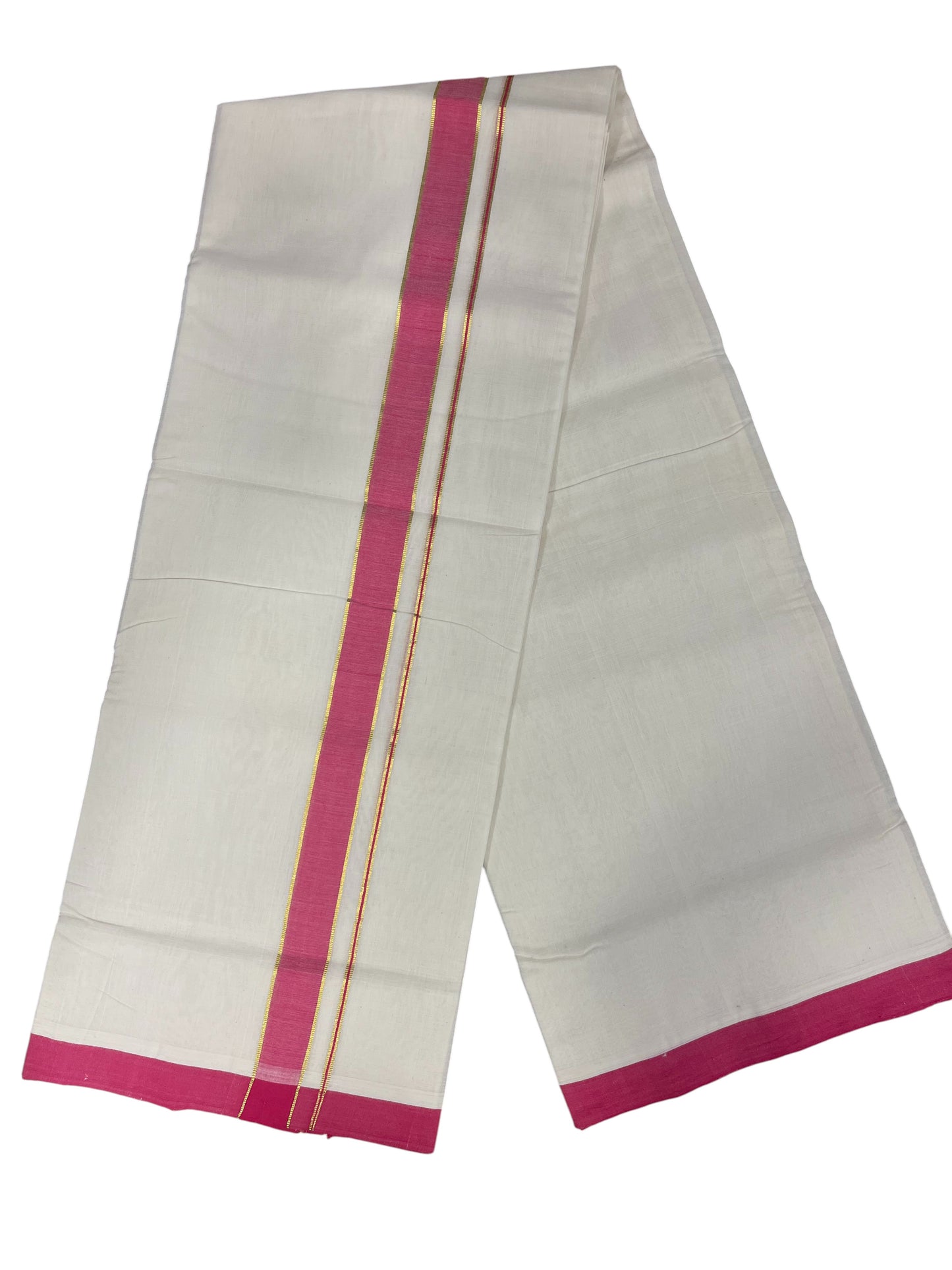 Southloom Premium Handloom Cotton Double Mundu with Pink And Kasavu Border