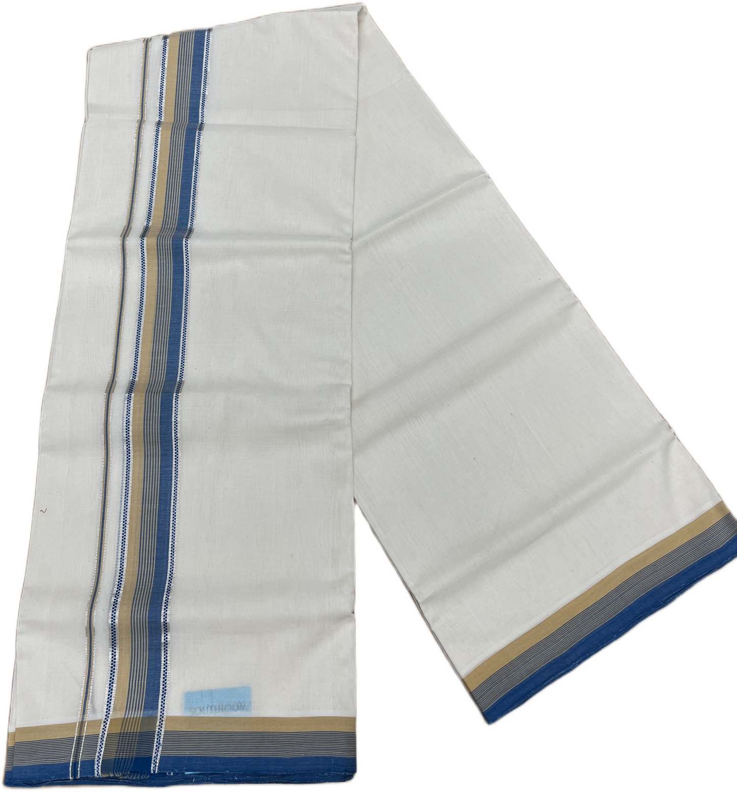 Southloom Balaramapuram Unakkupaavu Premium Handloom Cotton Double Mundu with Silver Kasavu and Blue and Beige Border