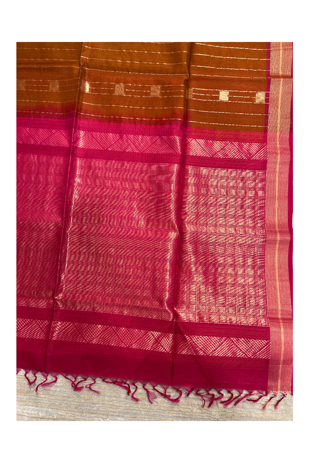 Southloom Pure Handloom Cotton Silk Saree With Handwoven Work Across Body and Blouse in Brown And Pink