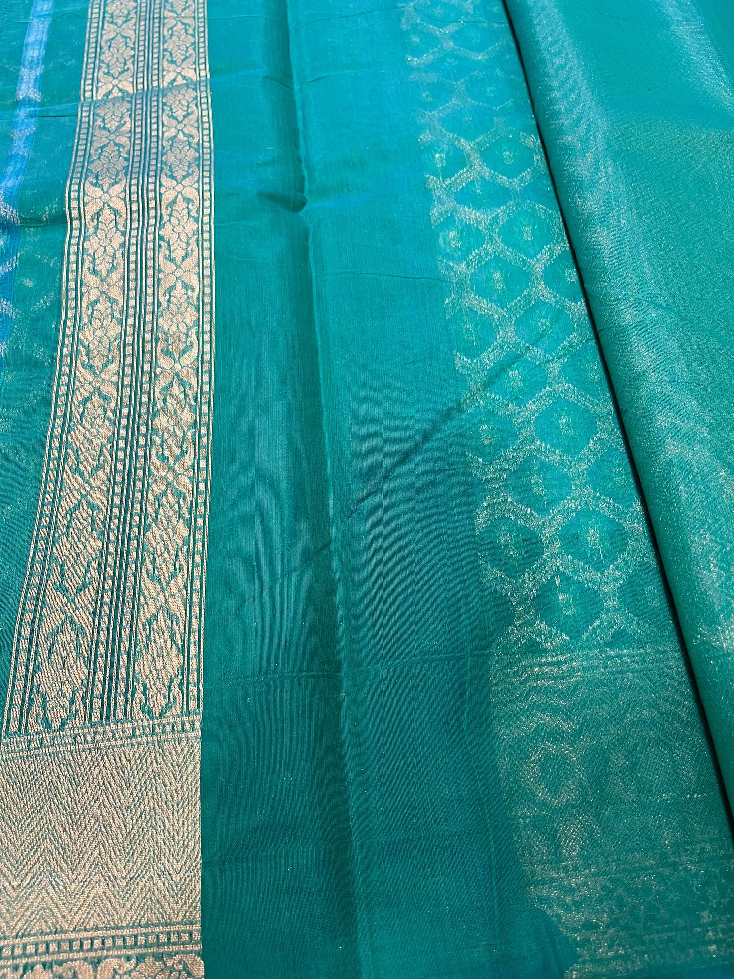 Southloom Cotton Banarasi Silk Saree with Woven Work on Body and Borders (Blue & Green)