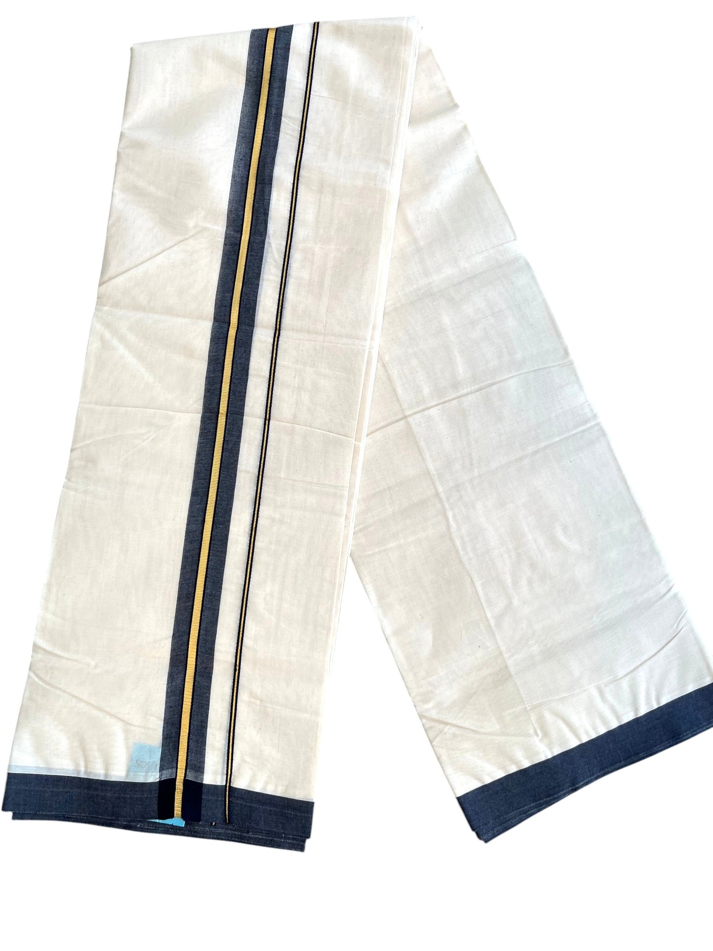 Southloom Pure Cotton Mundu with Golden Lines and Black Border (South Indian Kerala Dhoti)