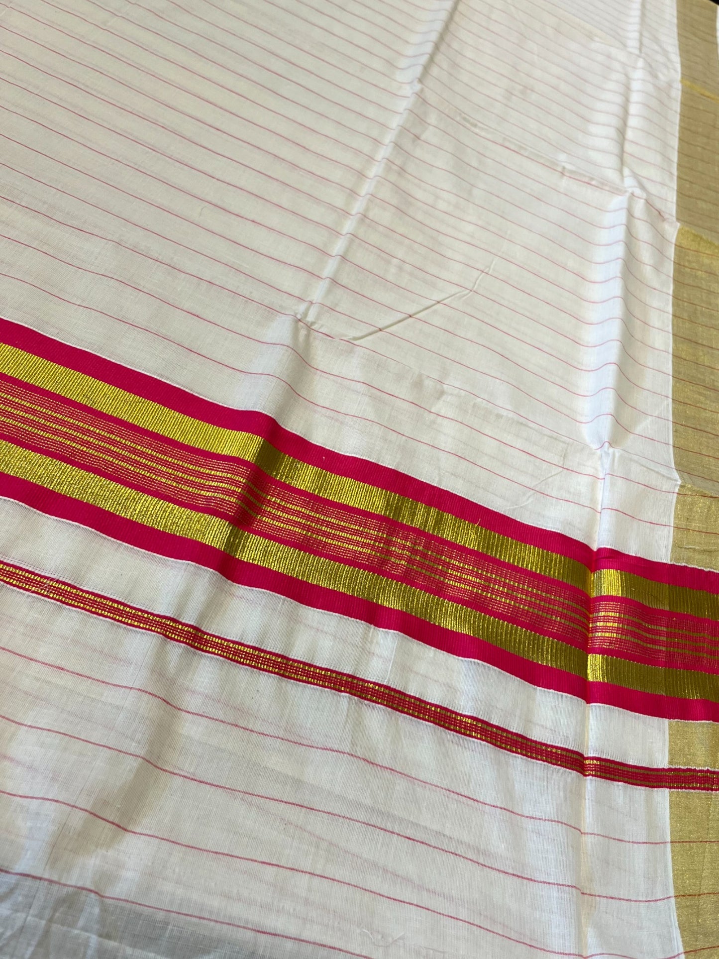 Southloom Kerala Cotton Kasavu Saree with Gold And Pink Lines on Body
