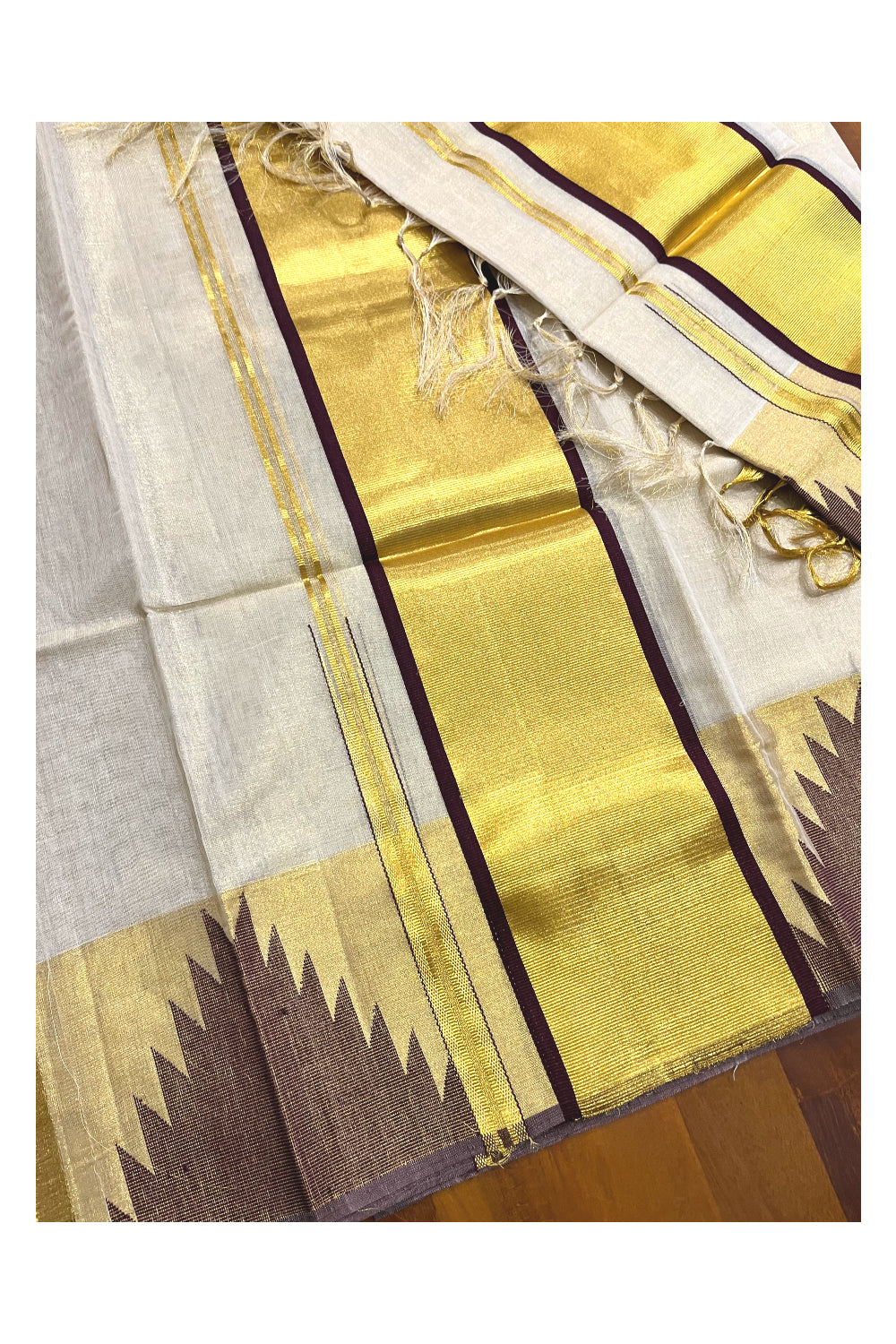 Southloom Handloom Premium Tissue Kasavu Set Mundu With Brown Big Temple Woven Patterns (Mundum Neriyathum) 2.70 Mtrs