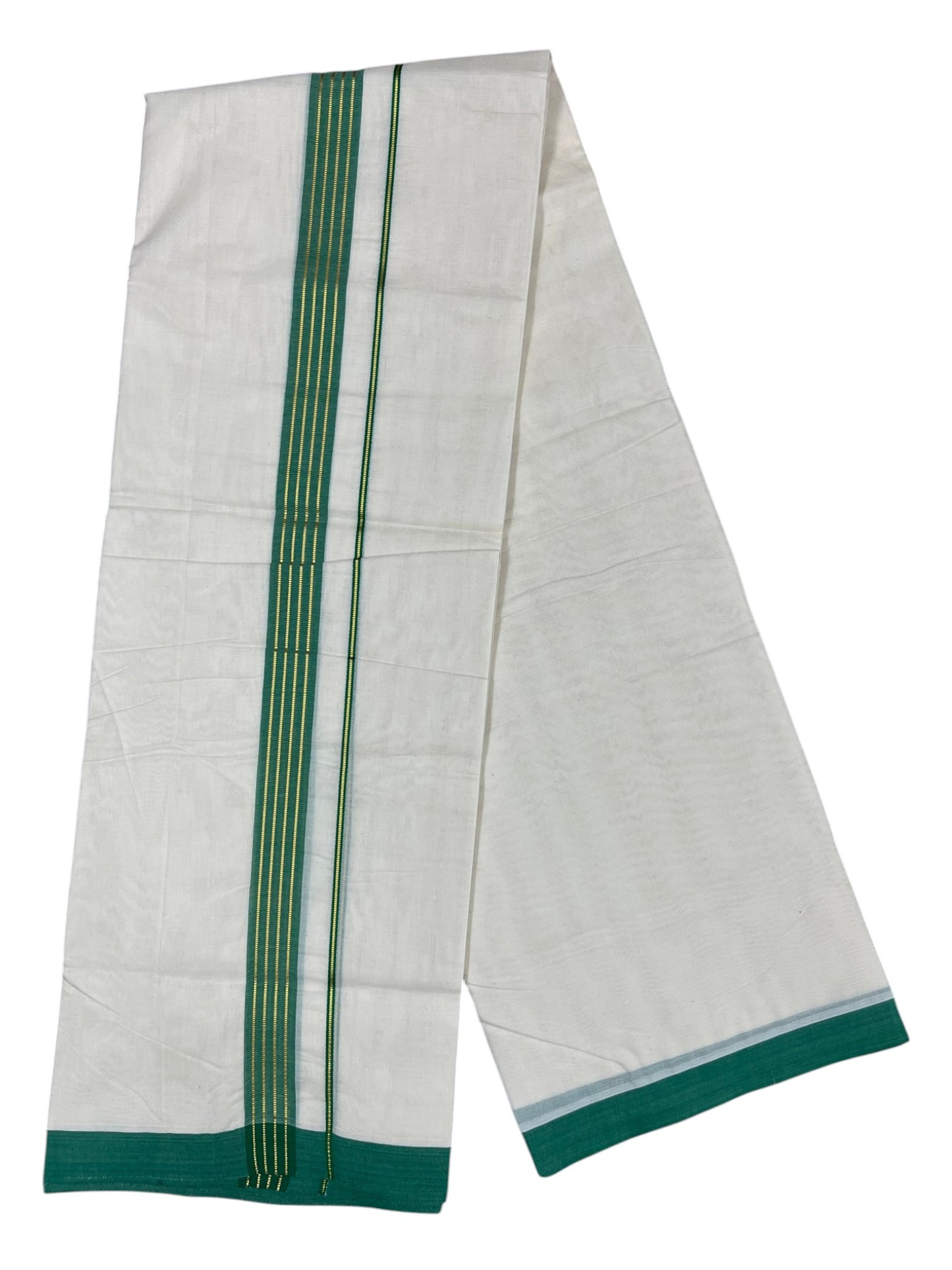 Southloom Pure Cotton Mundu with Gold Lines and Green Border (South Indian Kerala Dhoti)