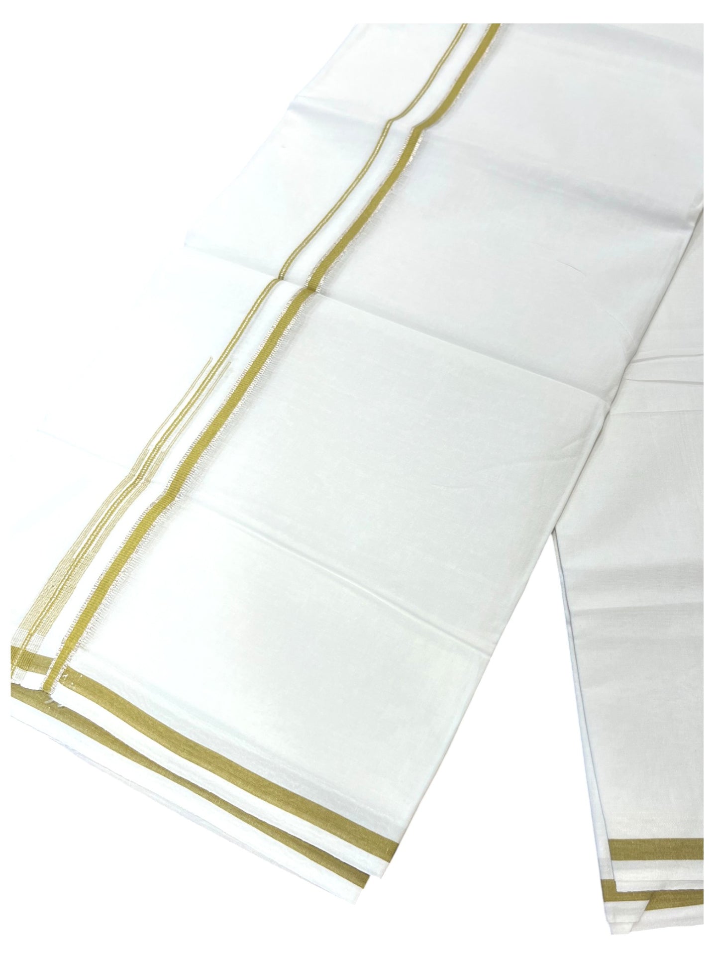 Pure White Cotton Double Mundu with Silver and Green Chutti Kara (South Indian Dhoti)