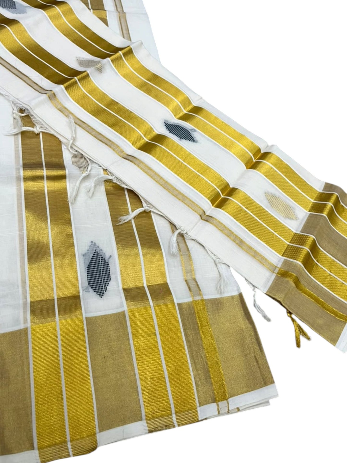 Southloom Premium Cotton Handloom Set Mundu with Kasavu With Green And Golden Border (2.80 Mtr)
