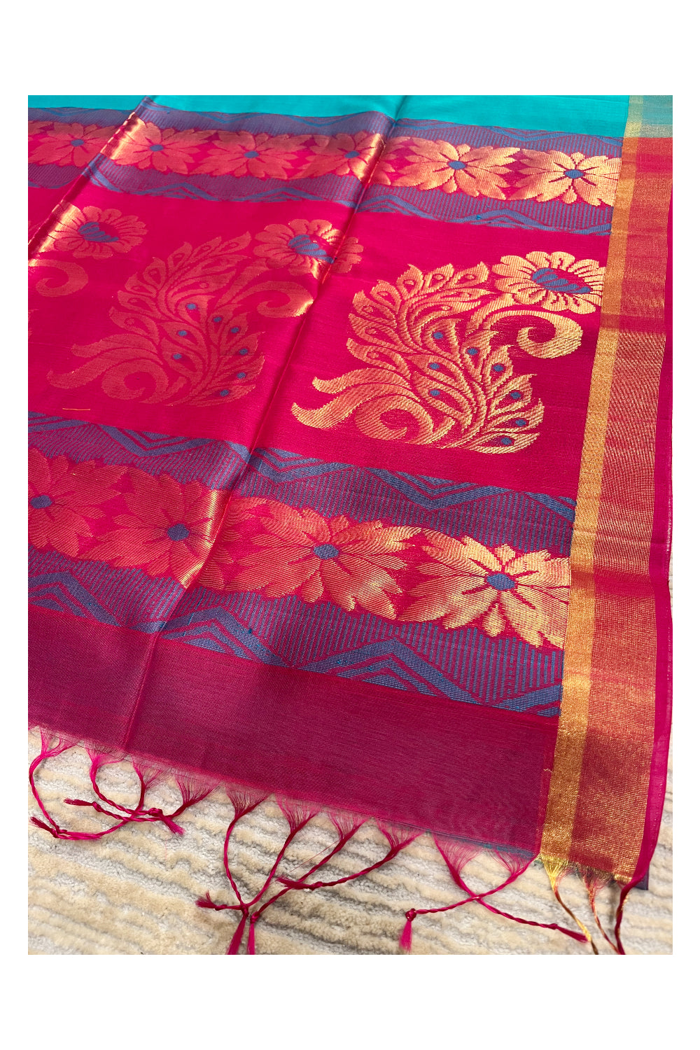 Southloom Pure Handloom Cotton Silk Saree With Handwoven Work Across Body and Blouse in Green And Pink