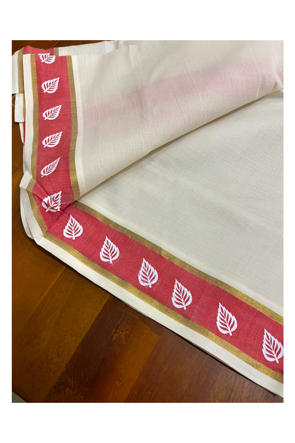 Kerala Cotton Single Set Mundu (Mundum Neriyathum) with Leaf Block Prints on Red and Kasavu Border - 2.60Mtrs