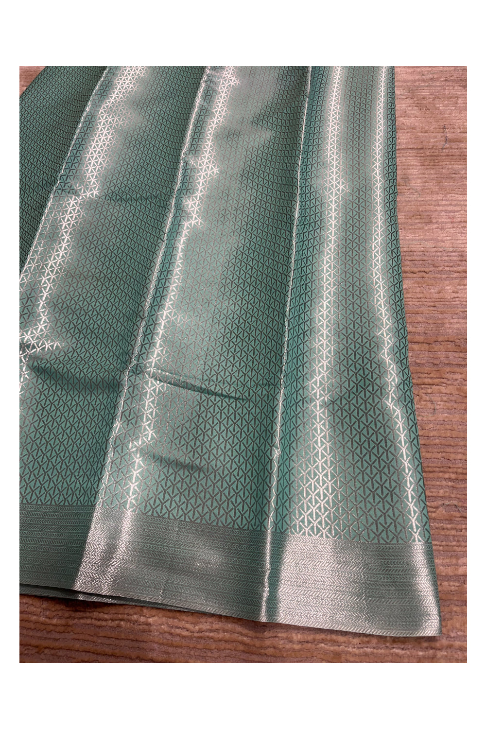 Southloom Banarasi Silver Zari Brocade Work Silk Saree in Green Pastel Shade