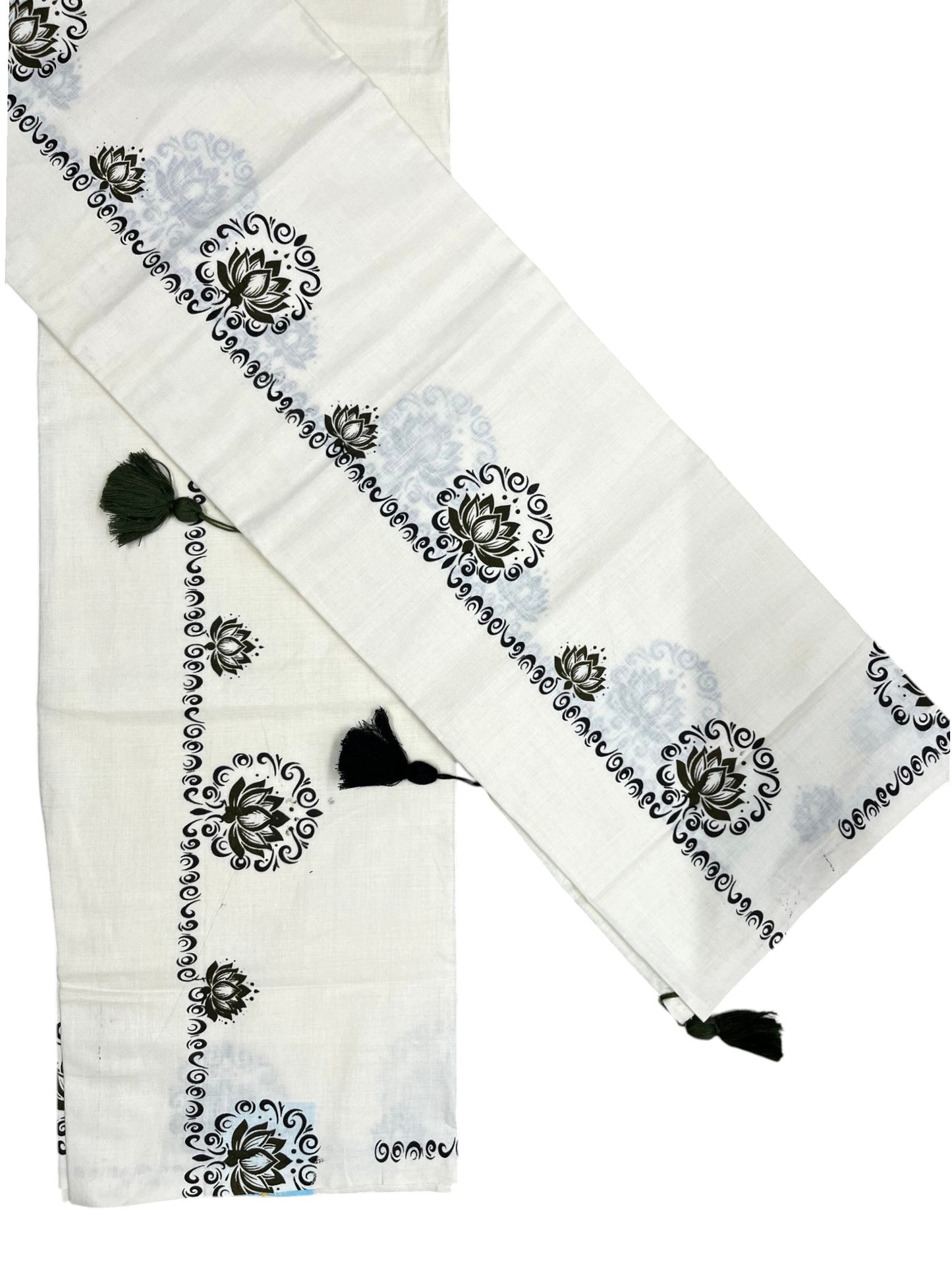 Southloom Kerala Cotton Single Set Mundu (Mundum Neriyathum) with OliveGreen &Black Lotus Block Printed Design