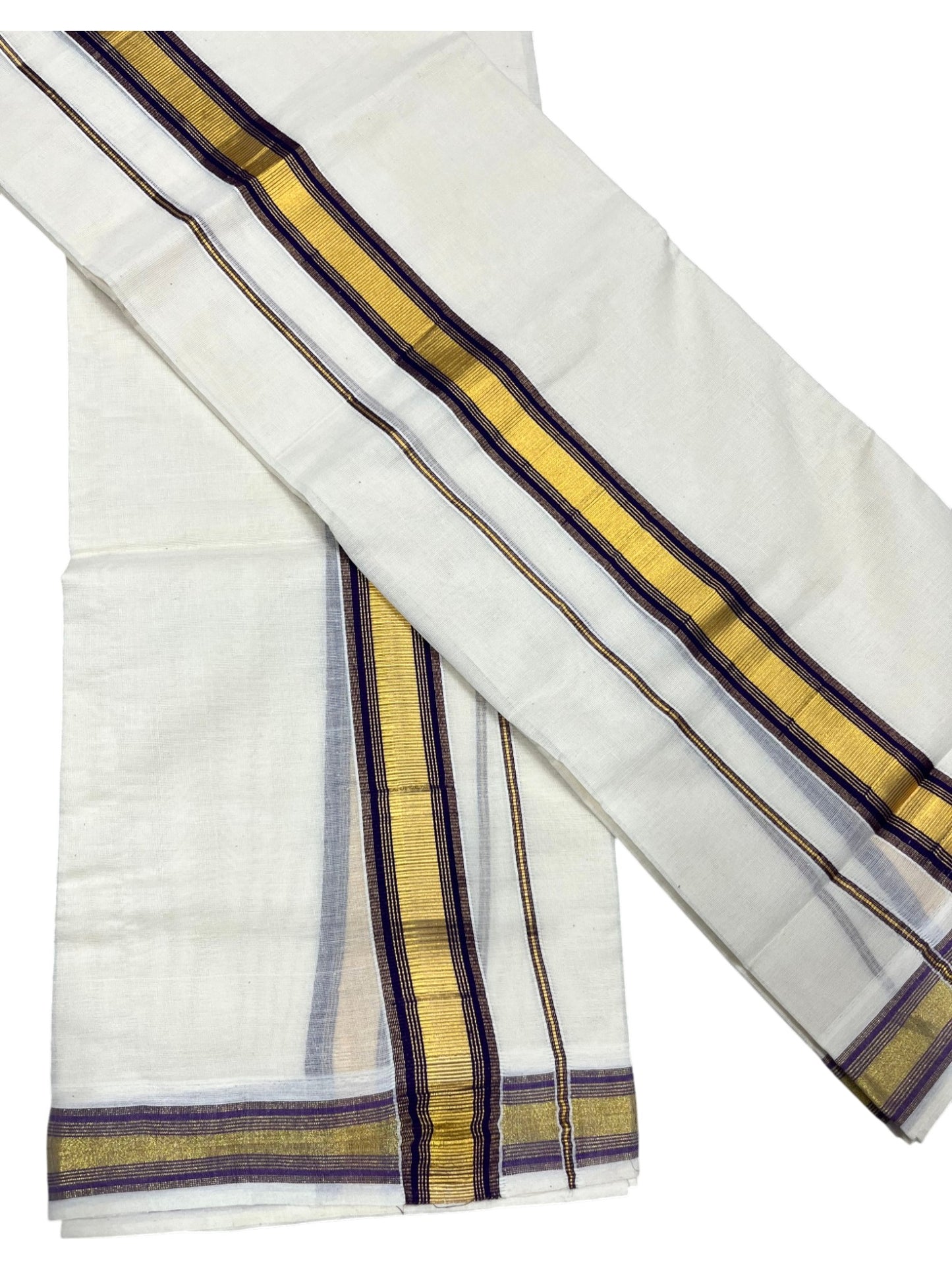 Southloom Pure Cotton Kerala Kasavu Set Mundu (Mundum Neriyathum) Kasavu & Purple Border